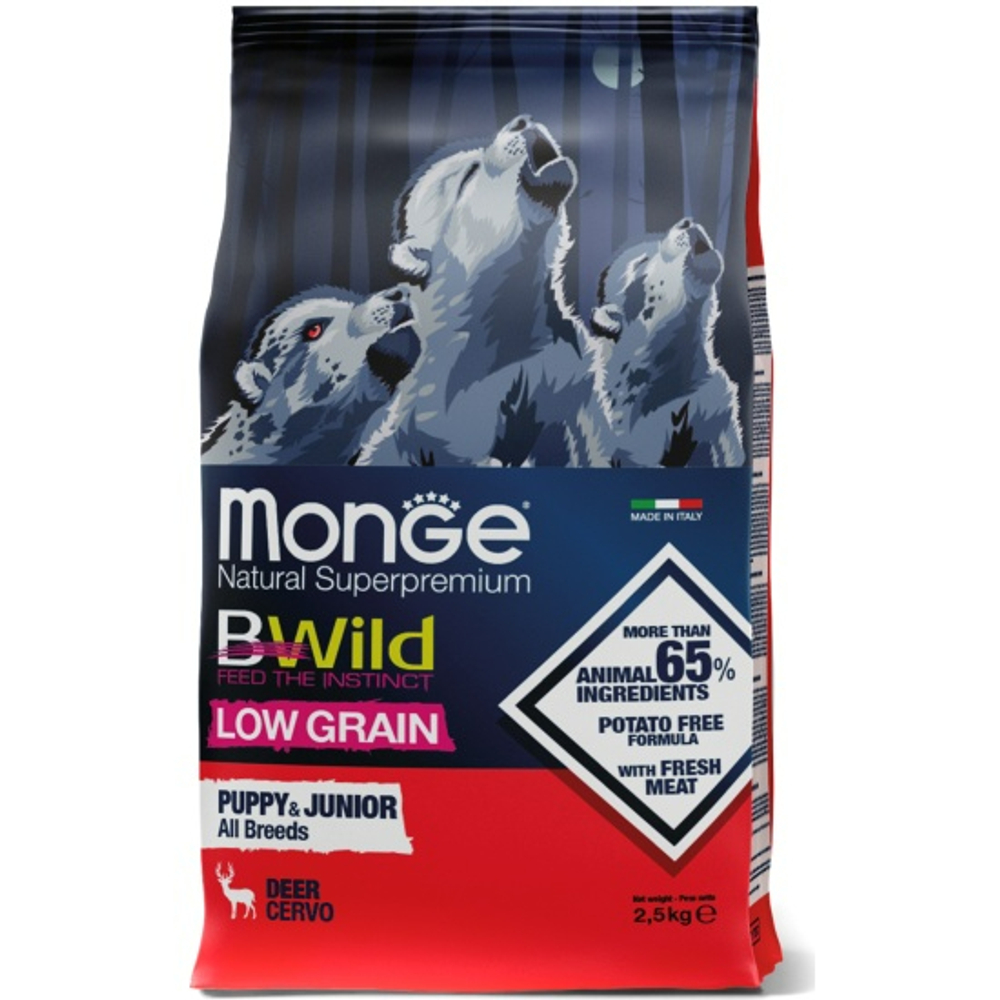 Сухой корм Monge Dog BWild LOW GRAIN Puppy & junior для щенков, низкозерновой, из мяса оленя 2,5 кг
