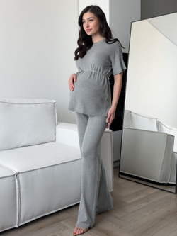 Комплект вязаный, удлиненная футболка на завязке и брюки