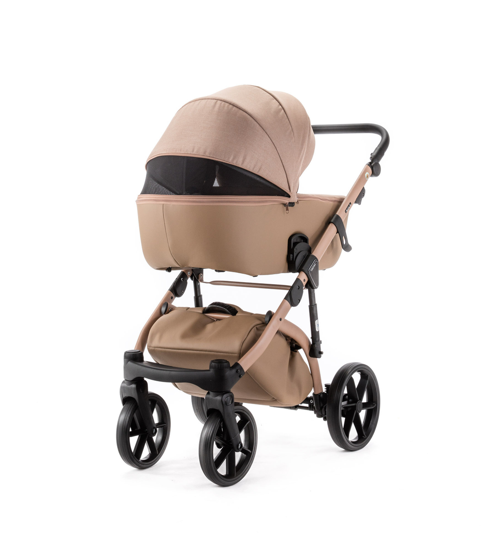 Детская универсальная коляска Adamex NOLA Natura CAMEL-5 (2в1) - Темно-бежевая ткань, Темно-бежевый экокожи