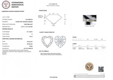 Лабораторно-выращенный бриллиант сердце 5.72 х 7.13 х 4.24 мм D/VVS2 1.01 ct