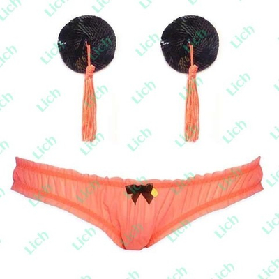 Комплект из 1 пары коралловых пэстис с кисточками и коралловых трусиков с черным бантиком