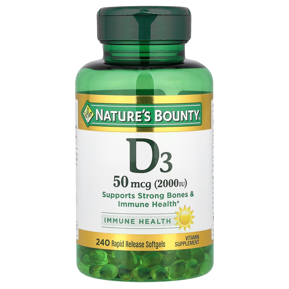 Nature's Bounty, витамин D3, здоровье иммунной системы, 50 мкг (2000 МЕ), 240 капсул быстрого высвобождения