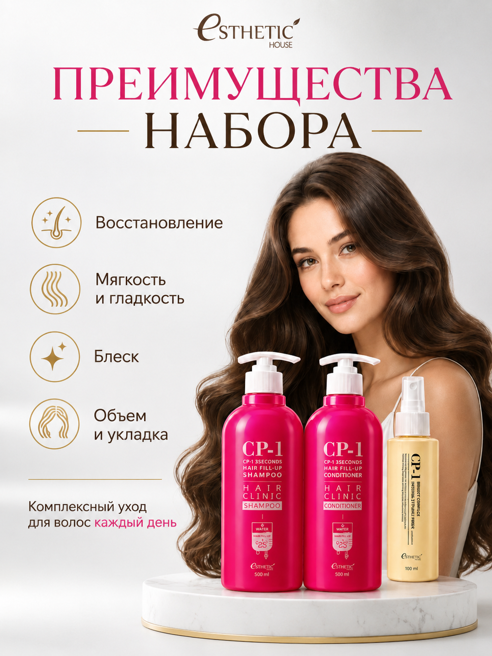 ESTHETIC HOUSE Набор шампунь и бальзам для волос Восстановление CP-1 3Seconds Hair Fill-Up 2х500мл, спрей для укладки волос ОБЪЕМ CP-1 Bright Complex Volume Styling Fixer, 100мл