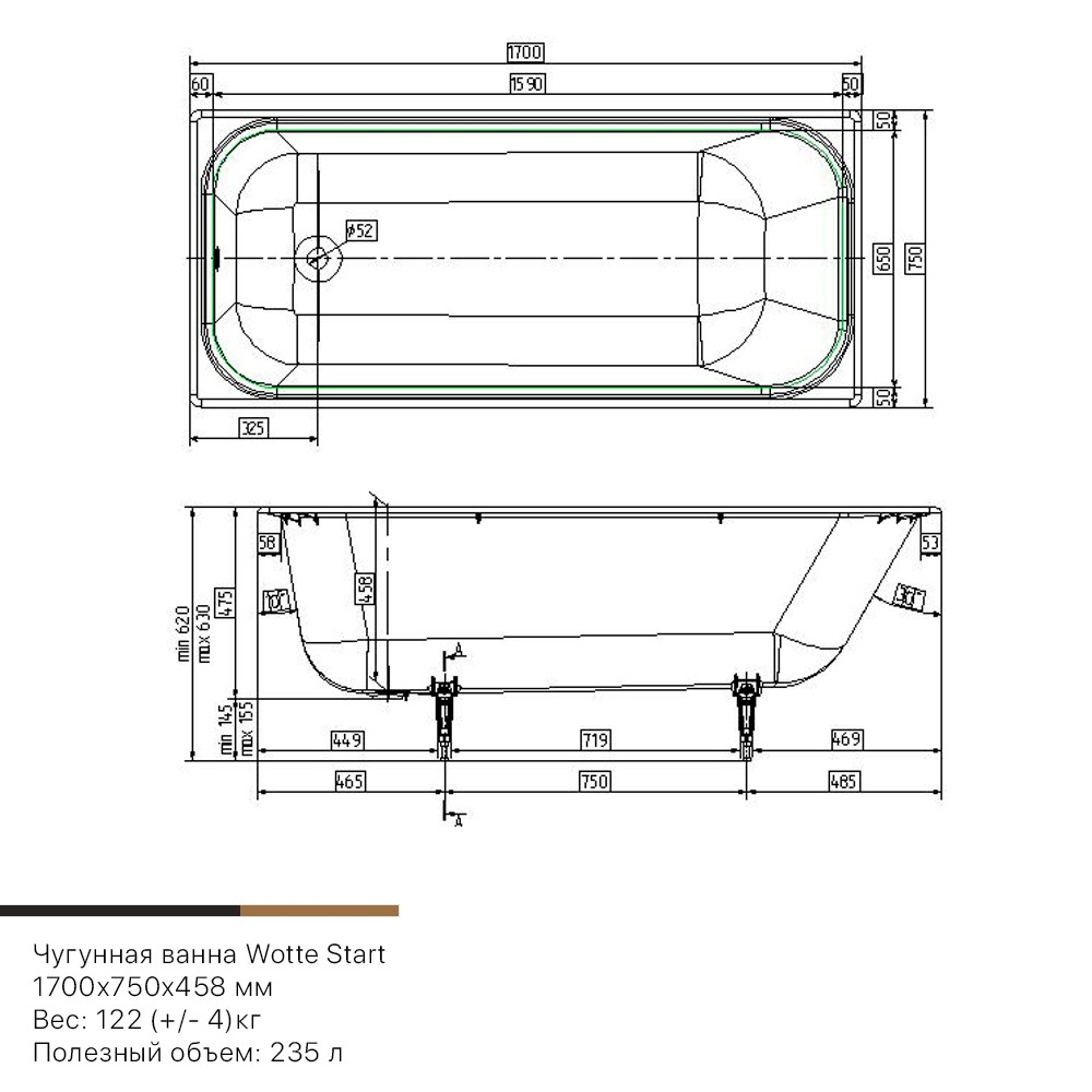 Wotte Start УР 1700х750х458 ванна чугунная c отверстиями для ручек (БП-э0001105)