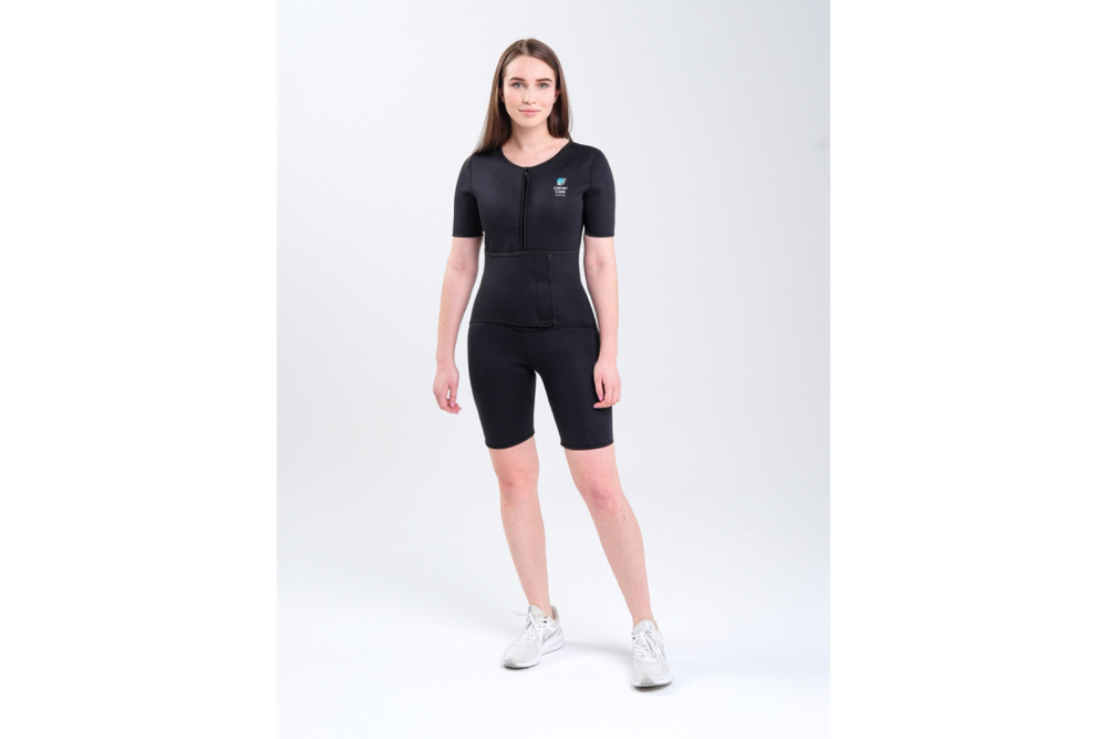 Костюм-сауна для похудения CleverCare с рукавами и дополнительным поясом, женский, размер XXXL, материал неопрен, цвет черный с розовым