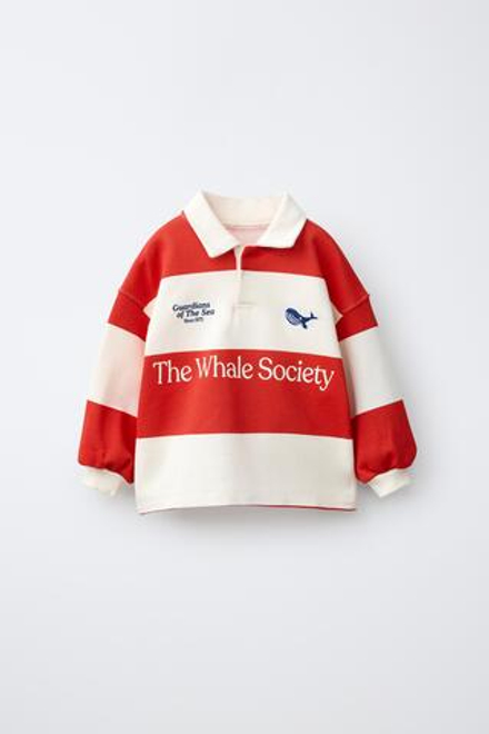 ZARA ПОЛО В ПОЛОСКУ С ВЫШИВКОЙ КИТА, КРАСНЫЙ