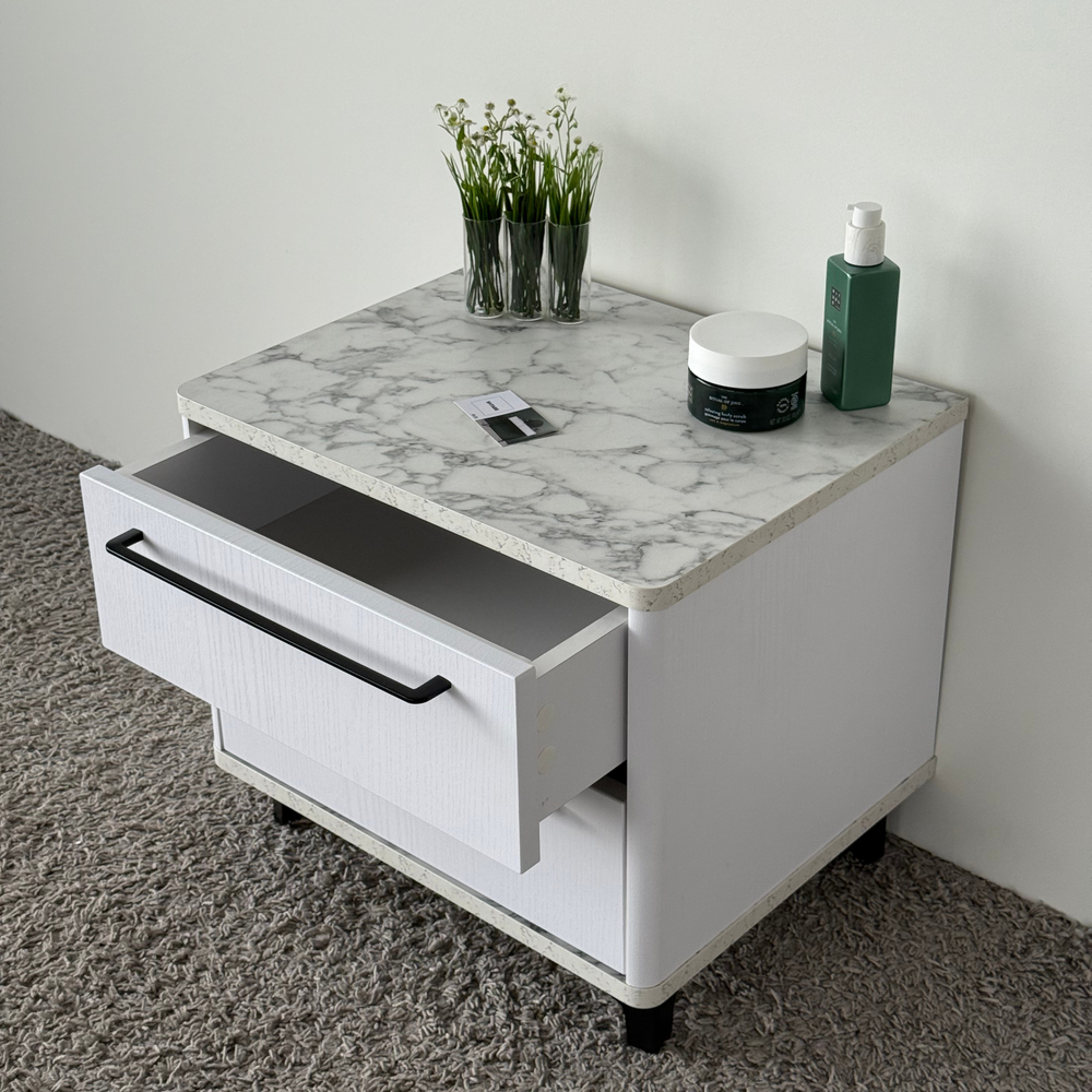 Тумба прикроватная на ножках с ящиками ROYAL 5203 эко (Мрамор Каррара-Черный-р.черная)