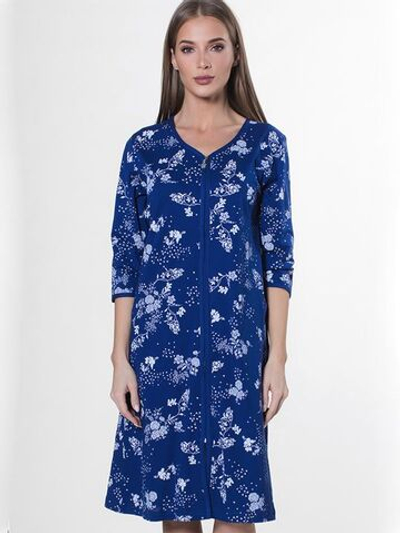 Женский халат с цветочным принтом на молнии (Размер: XL) (Цвет: темно-синий)