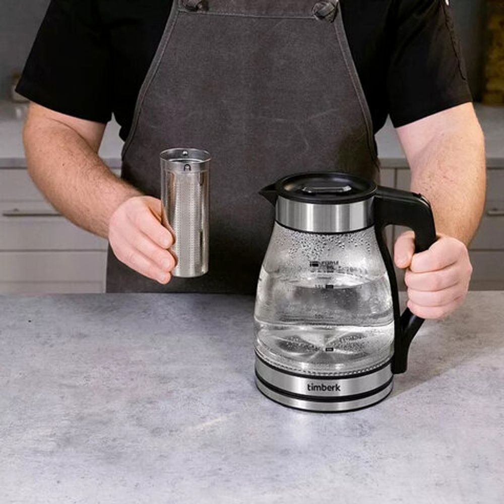 Чайник со съемным заварником TIMBERK T-EK27G02, 1,5 л, 1800 Вт, закрытый нагревательный элемент, стекло, стальной
