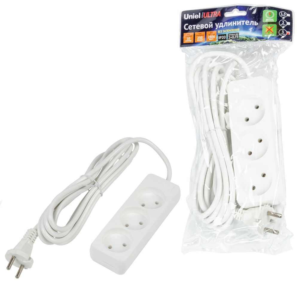 S-CU3-3 WHITE Удлинитель серии Ultra, шнур 3м., 3 гнезда, 10A, б/з. Белый. TM Uniel