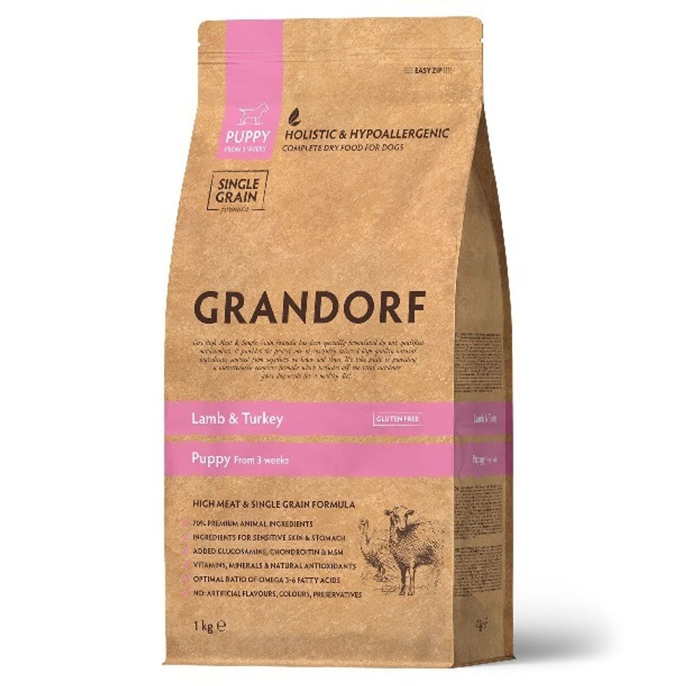 Grandorf 1кг Puppy All Breed Lamb &amp; Turkey Сухой корм для щенков от 3 недель, беременных и кормящих сук, Ягненок с индейкой
