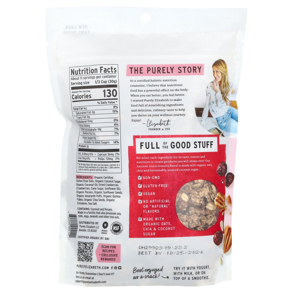 Purely Elizabeth, Гранола из древних злаков, клюква и пекан, 340 г (12 унций)