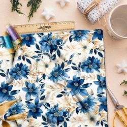 Ткань премиум флис цветочные серо-голубые мотивы