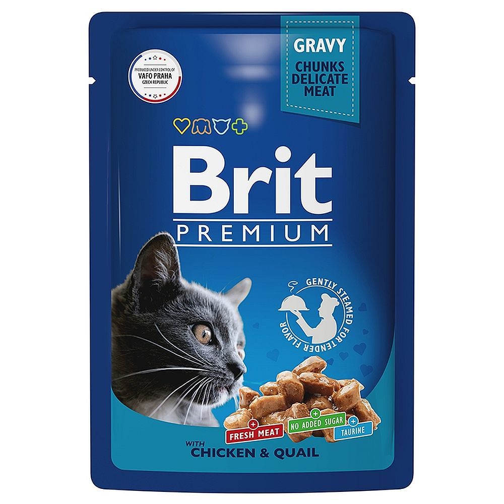 Влажный корм Brit Premium для взрослых кошек с цыпленком и перепелкой в соусе, пауч 85г