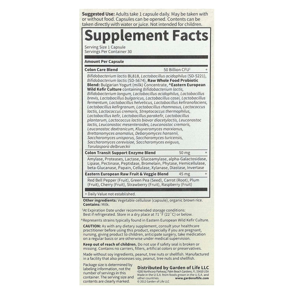 Garden of Life, RAW Probiotics, Colon Care, необработанные пробиотики для поддержки здоровья кишечника, 30 вегетарианских капсул