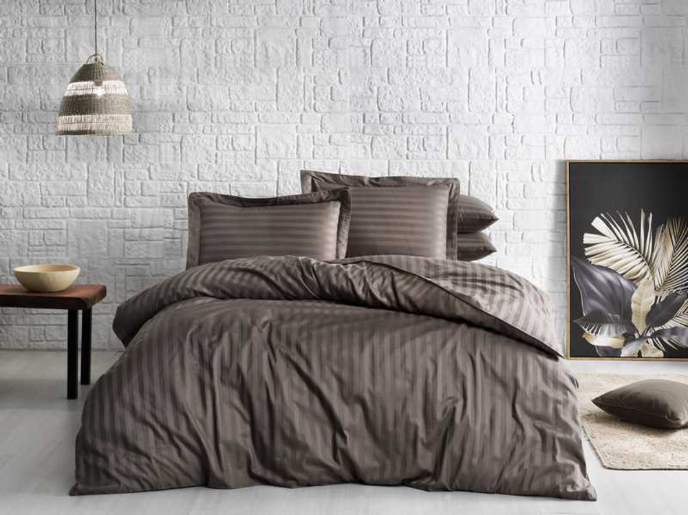 Постельное белье 2 спальное евро Tivolyo home Jacquard Banded коричневое