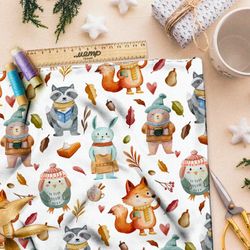 Ткань футер 2-х нитка тепло одетые осенью животные в лесу