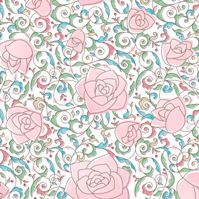 Винтажные розовые розы на фоне орнамента. Линии и пастельные цвета