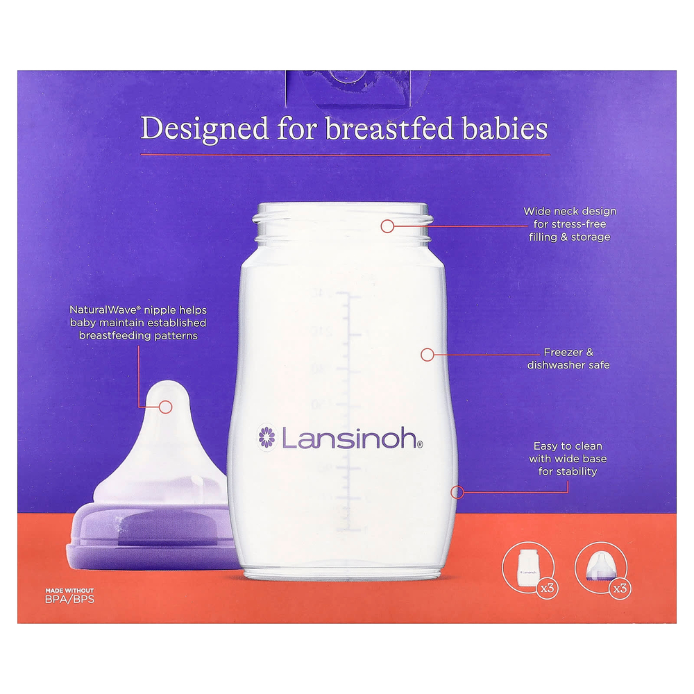 Lansinoh, бутылочки для кормления с соской NaturalWave®, средний поток, от 3 мес, 3 бутылочки по 240 мл (8 унций)