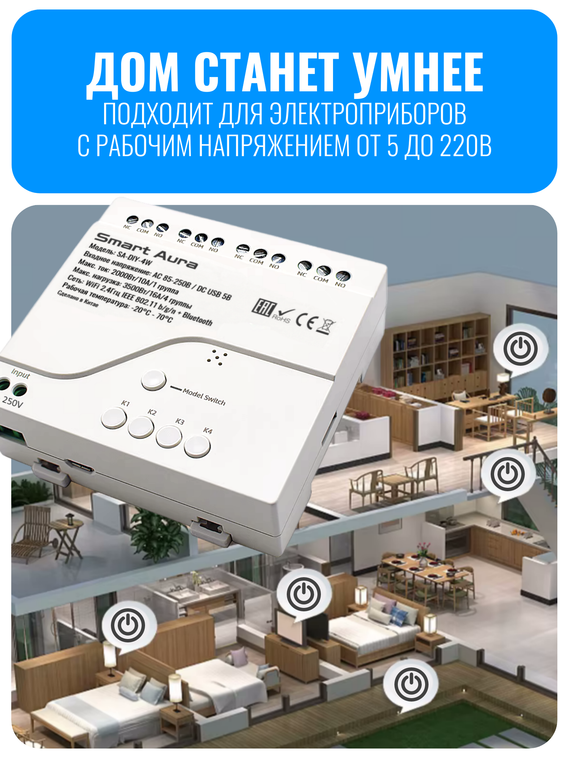 Умное четырехканальное Wi-Fi реле Smart Aura