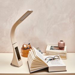 TLD-542 Cream-LED-300Lm-5000K-Dimmer Светильник настольный c часами. календарем. термометром. 5W. Сенсорный выключатель. Кремовый стилизован под кожу. TM Uniel.