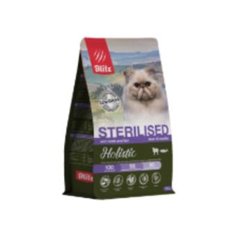 Сухой корм для кошек Blitz Holistic Lamb and Fish Sterilised Cat низкозерновой корм для стерилизованных кошек, ягненок и рыба, 1,5 кг