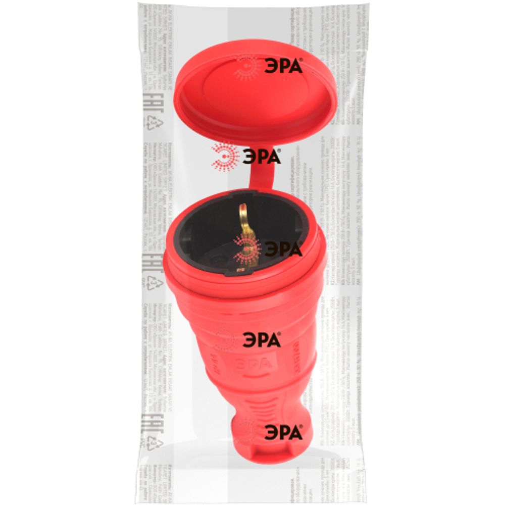 Розетка ЭРА R8-RED-IP44 каучуковая c заземлением прямая 16A IP44 красная