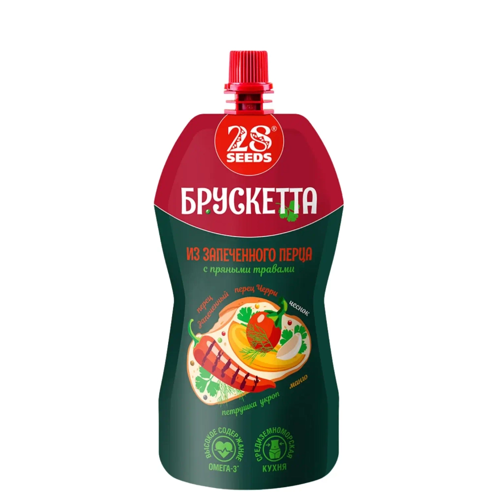 Брускетта из запеченного перца с пряными травами 28SEEDS, 150 г, дой-пак спереди