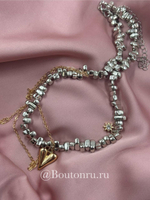 Колье серебристое с сердечком, звездочкой и цепью биколорное