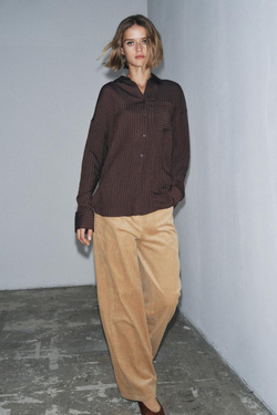 ZARA РУБАШКА ИЗ СТРУЯЩЕЙСЯ ТКАНИ В ПОЛОСКУ — ZW COLLECTION, КОРИЧНЕВЫЙ