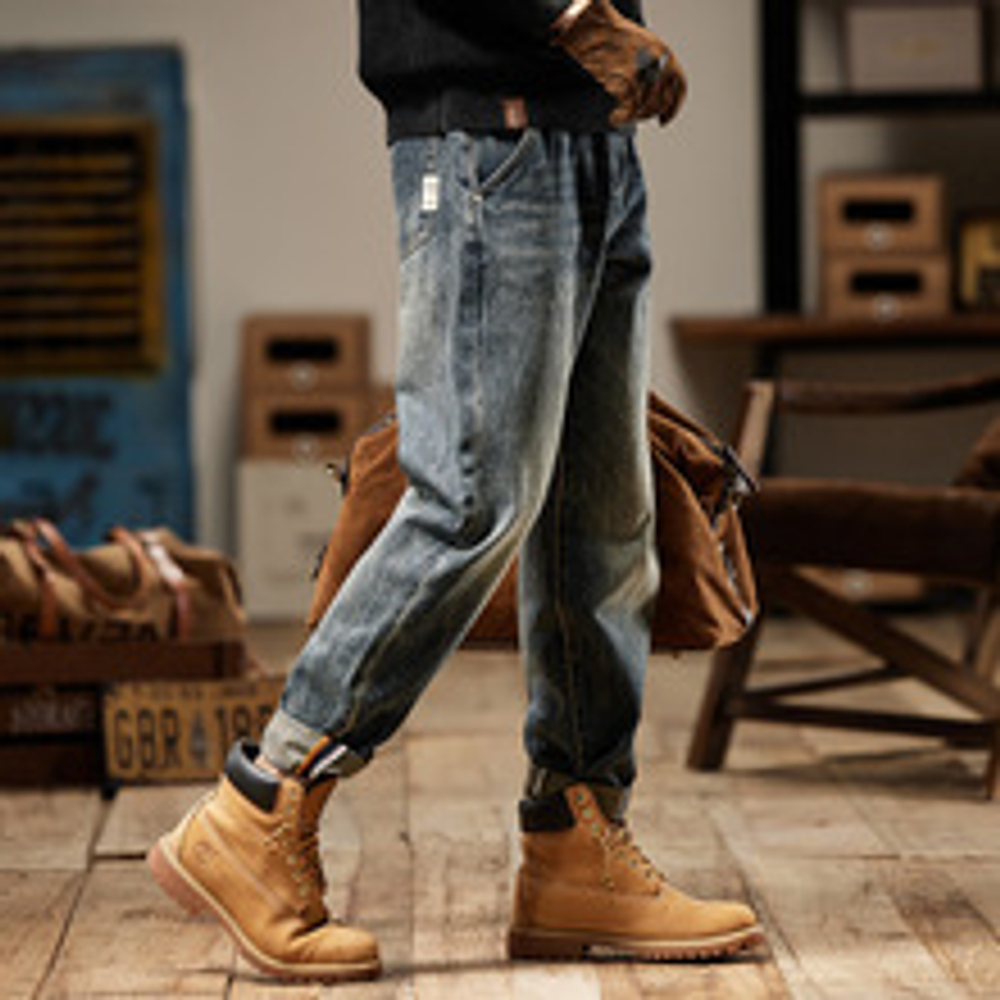 Американские ретро джинсы для мужчин, новые весенне-осенние микро-трапециевидные прямые свободные повседневные модные брендовые потертые брюки для мужчин