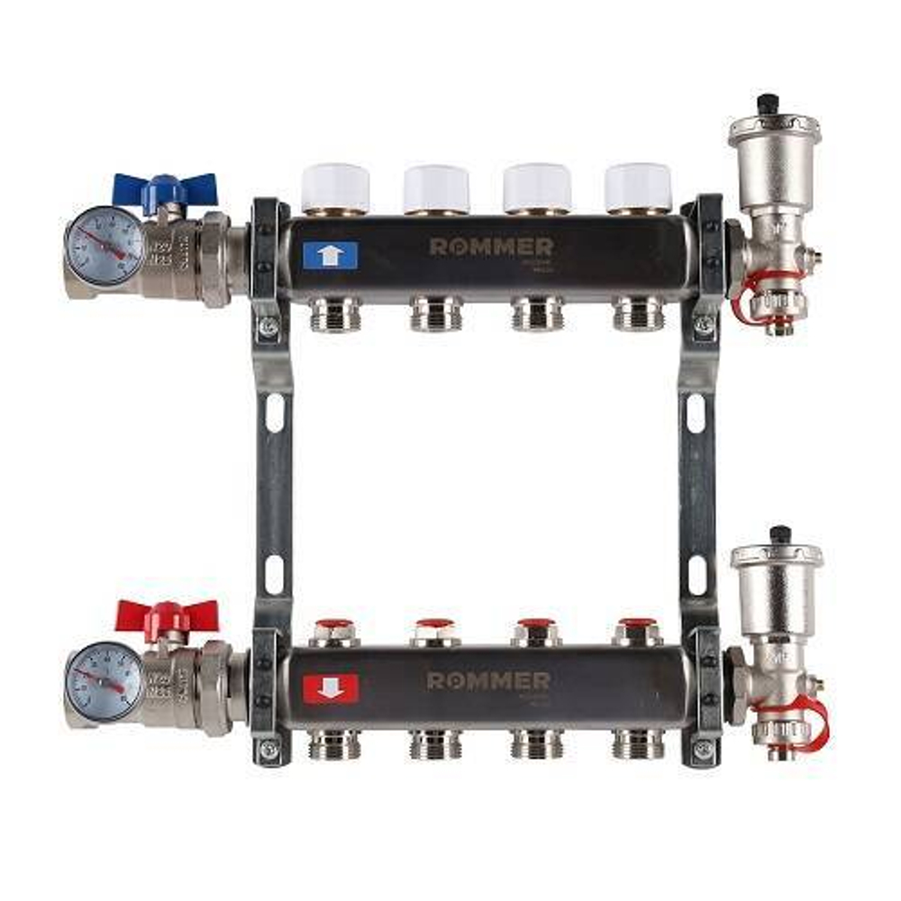 Коллекторная группа для радиаторного отопления ROMMER RMS3210 - 1" на 4 контура 3/4"EK