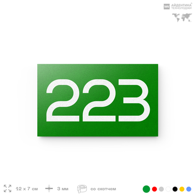 Номер на дверь 223, табличка на дверь для офиса, квартиры, кабинета, аудитории, склада, зеленая 120х70 мм, Айдентика Технолоджи