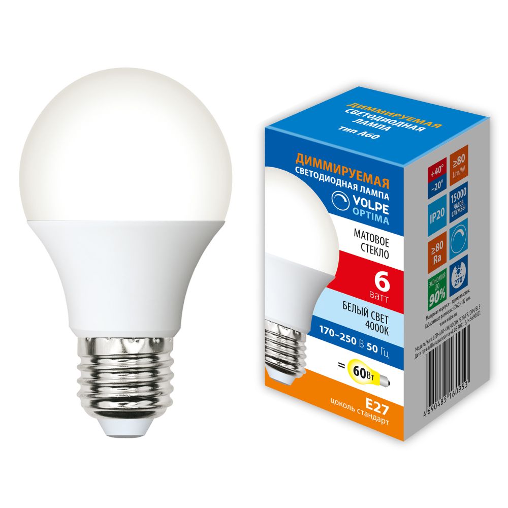 LED-A60-6W-4000K-E27-FR-DIM-SLS Лампа светодиодная. диммируемая. Форма A. матовая. Белый свет 4000K. ТМ Volpe