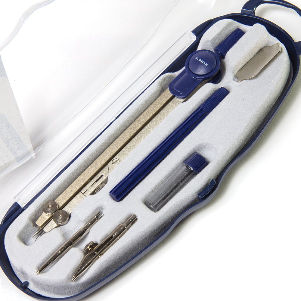 Готовальня Alingar, 6 предметов,метал.циркуль, удлин.циркуля,грифель, держ.д/рейсфедерной вставки, точечная насадка, пластиковый футляр, европодвес