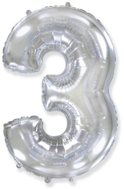 Шар (40''/102 см) Цифра, 3, Серебро, 1 шт. в упак.