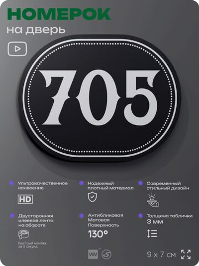 Номерок на дверь квартиры 705, для кабинета, офиса, шильдик 9 х 7 см, черный, Айдентика Технолоджи