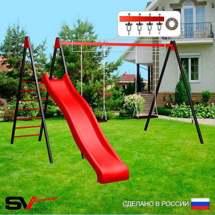 Уличные качели Sv Sport с горкой УК191П2 (3.7м/Деревянные 2шт/Подвесы на подш 2к)