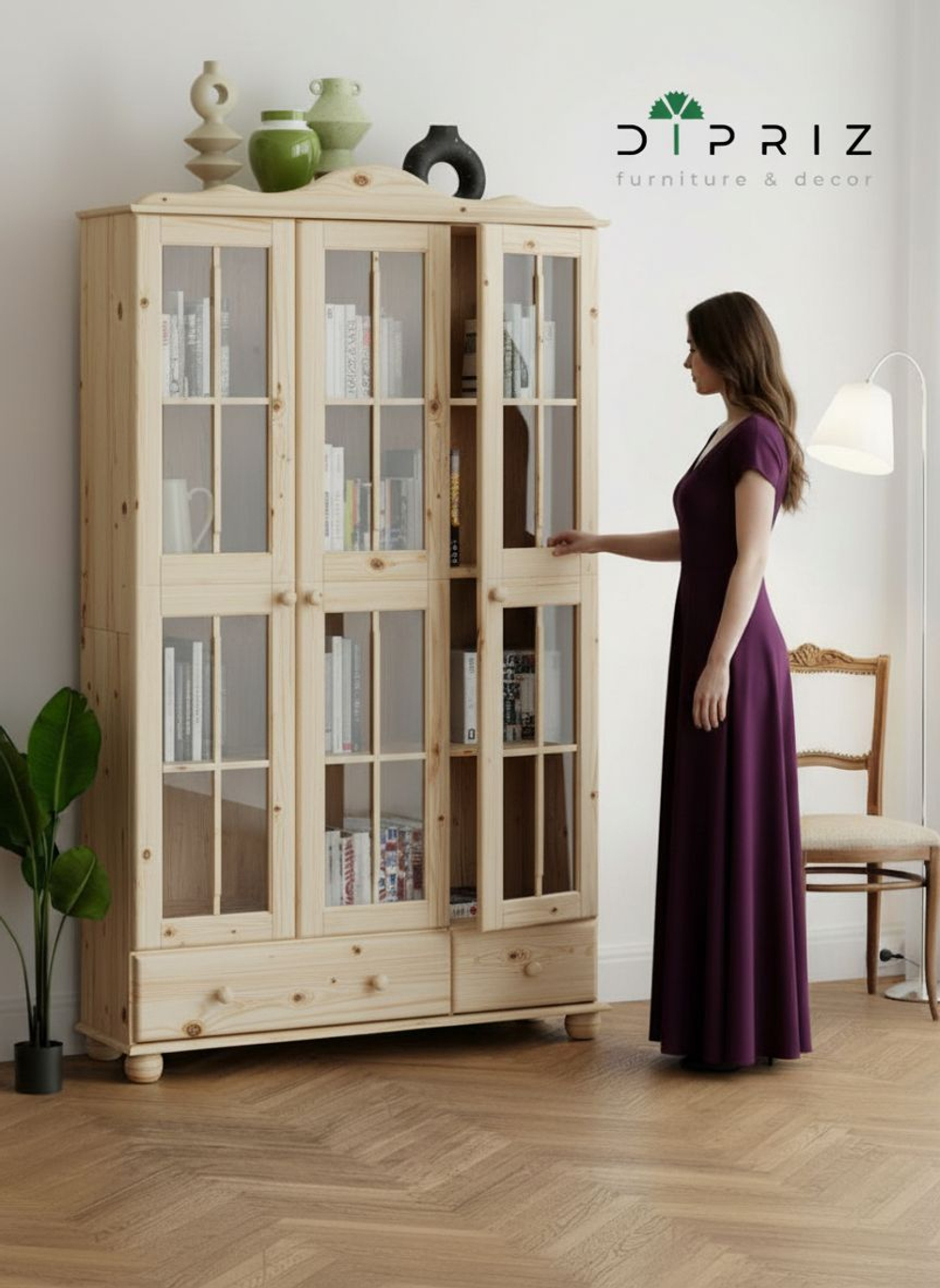 Шкаф витрина 113х32х186 Бритта, эко, массив сосны (без химической обработки), 3 двери, натуральный цвет, Dipriz
