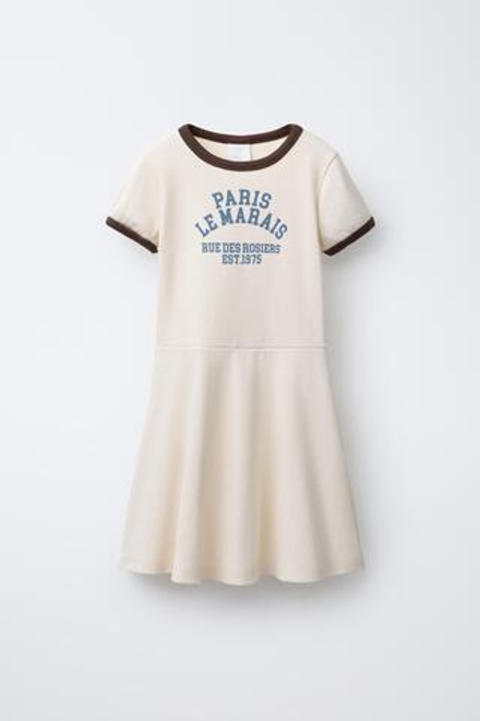 ZARA ПЛАТЬЕ В РУБЧИК С ТЕКСТОМ, ЭКРЮ