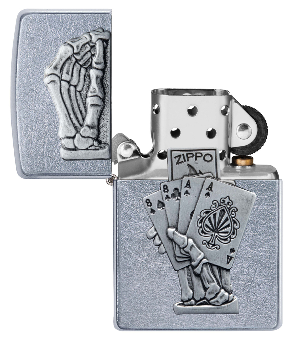 Зажигалка Zippo Dead Mans Hand с покрытием Street Chrome, латунь/сталь, серебристая, 38x13x57 мм