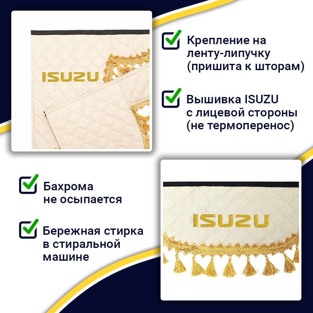 Ламбрекен с косынками двусторонние Isuzu (экокожа, бежевый, золотые кисточки)