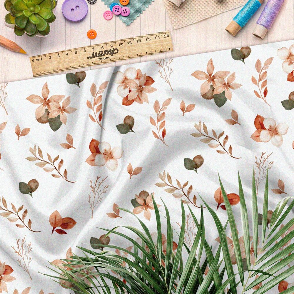 Ткань таффета акварельные цветы и листья на бежевом фоне
