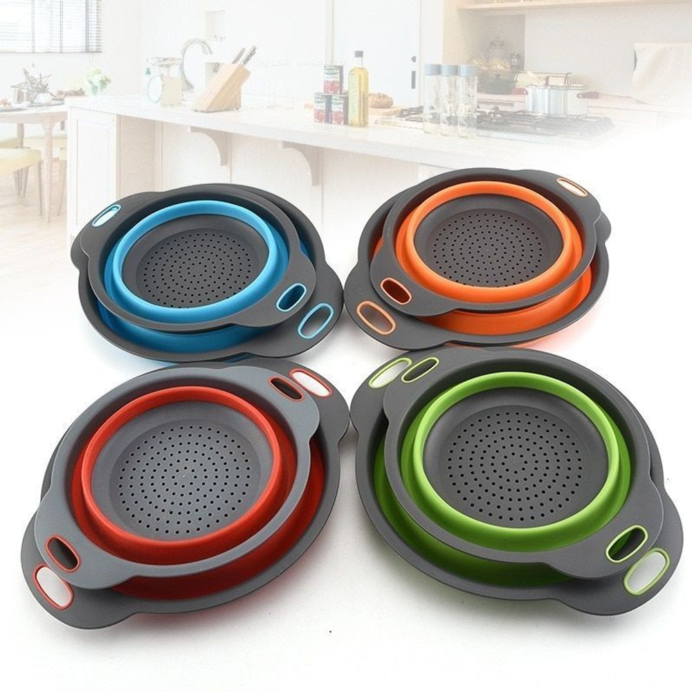 Набор дуршлаг силиконовый, складной, кухонный аксессуар для мытья фруктов и овощей, стильный,  2 шт (диаметр 22/9), красный