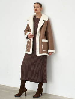 Двусторонняя дубленка из овечьей шерсти тедди чебурашка, капучино, SilverFox