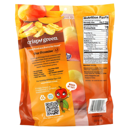 Crispy Green, Crispy Fruit, полностью манго, 4 пакетика по 18 г (0,63 унции)