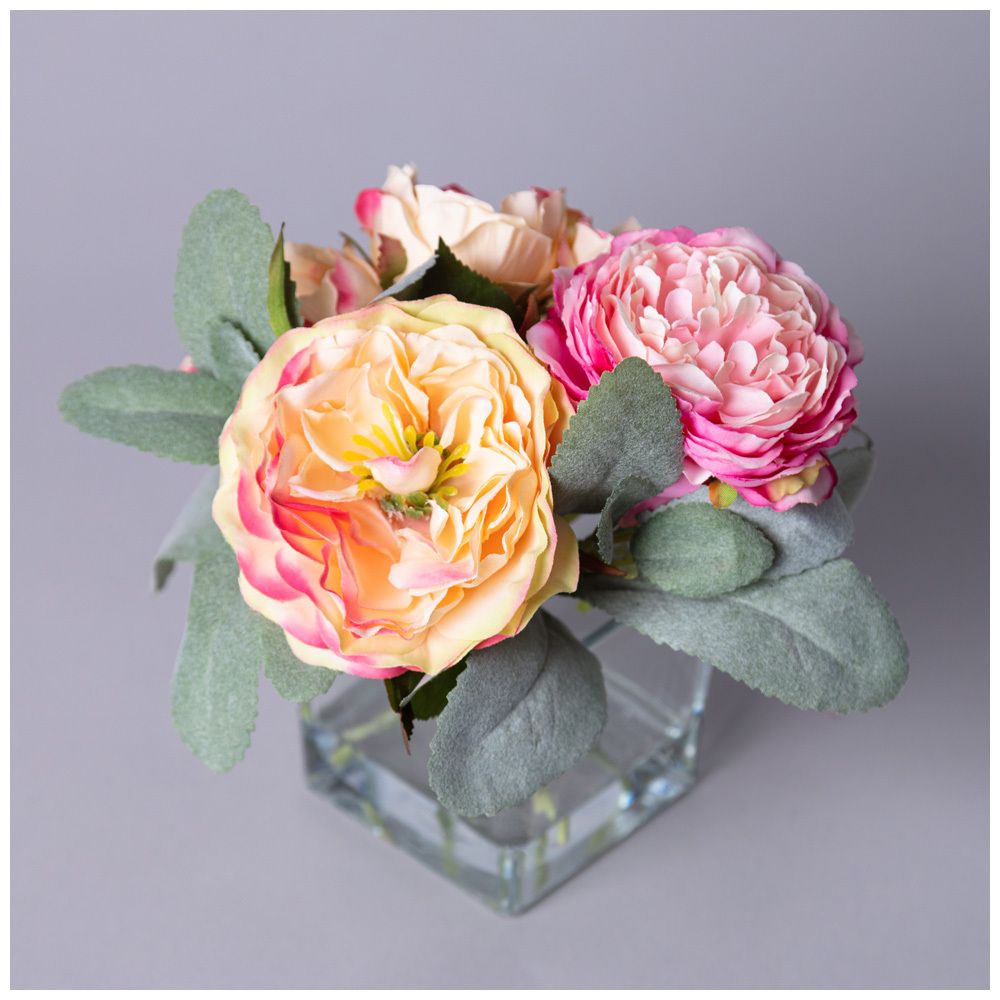 БУКЕТ ИСКУССТВЕННЫХ ЦВЕТОВ В КВАДРАТНОЙ ВАЗЕ ВЫСОТА= 18СМ (МАЛ=8ШТ./КОР=24ШТ.)