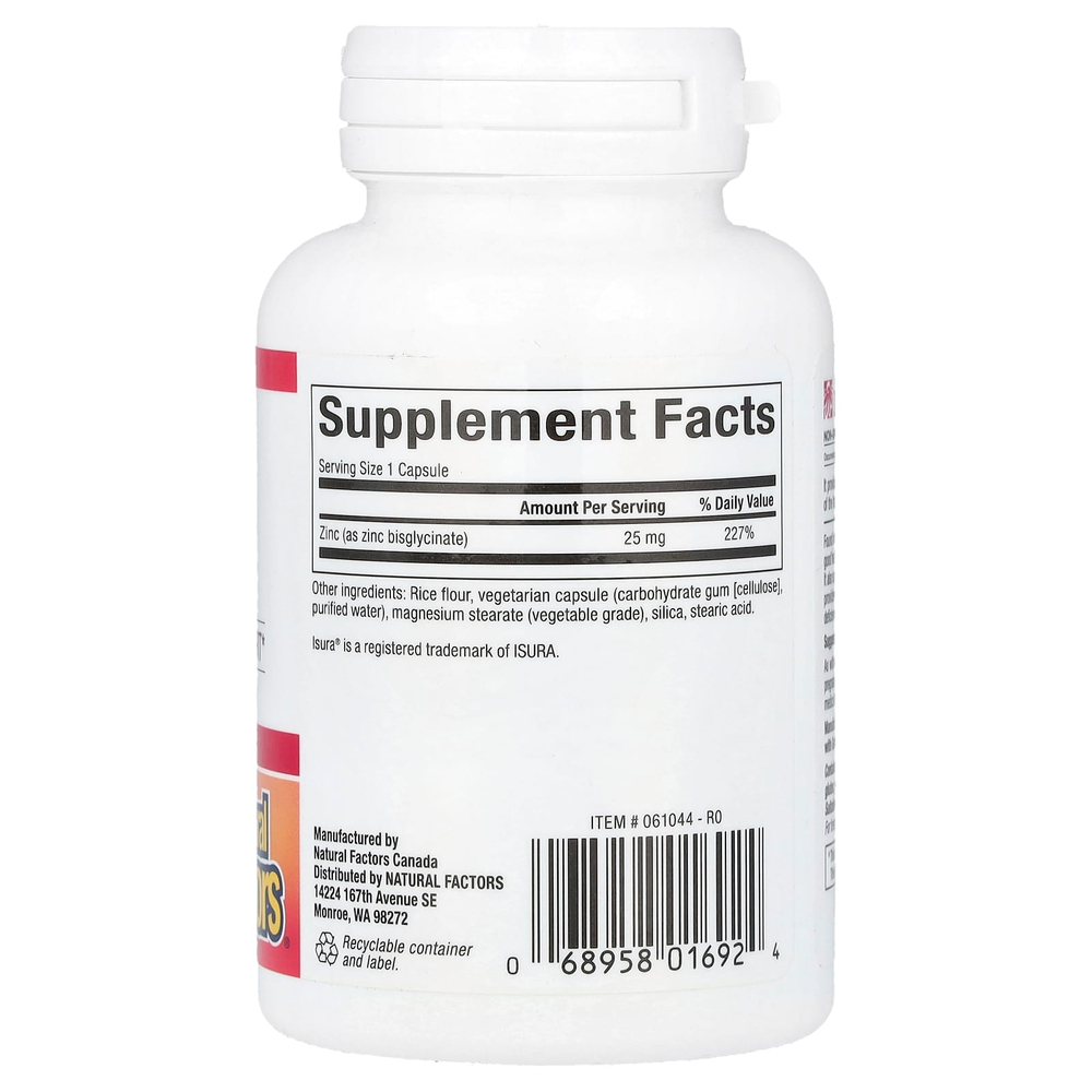 Natural Factors, Бисглицинат цинка, 25 мг, 60 вегетарианских капсул