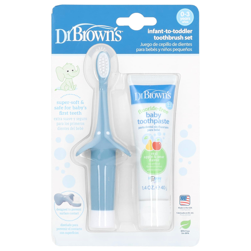 Dr. Brown's, Набор зубных щеток для малышей, 0–3 лет, синий, яблочная груша, набор из 2 предметов
