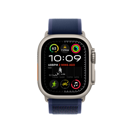 Гарантии Apple Watch Ultra 2 GPS + Cellular, 49 мм, корпус из бежевого титана, ремешок Trail голубого цвета, размер M